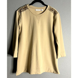 Susan Graver Womens Small Beige‎ Lightweight Sweatshirt Jeweled Shoulders Bling
